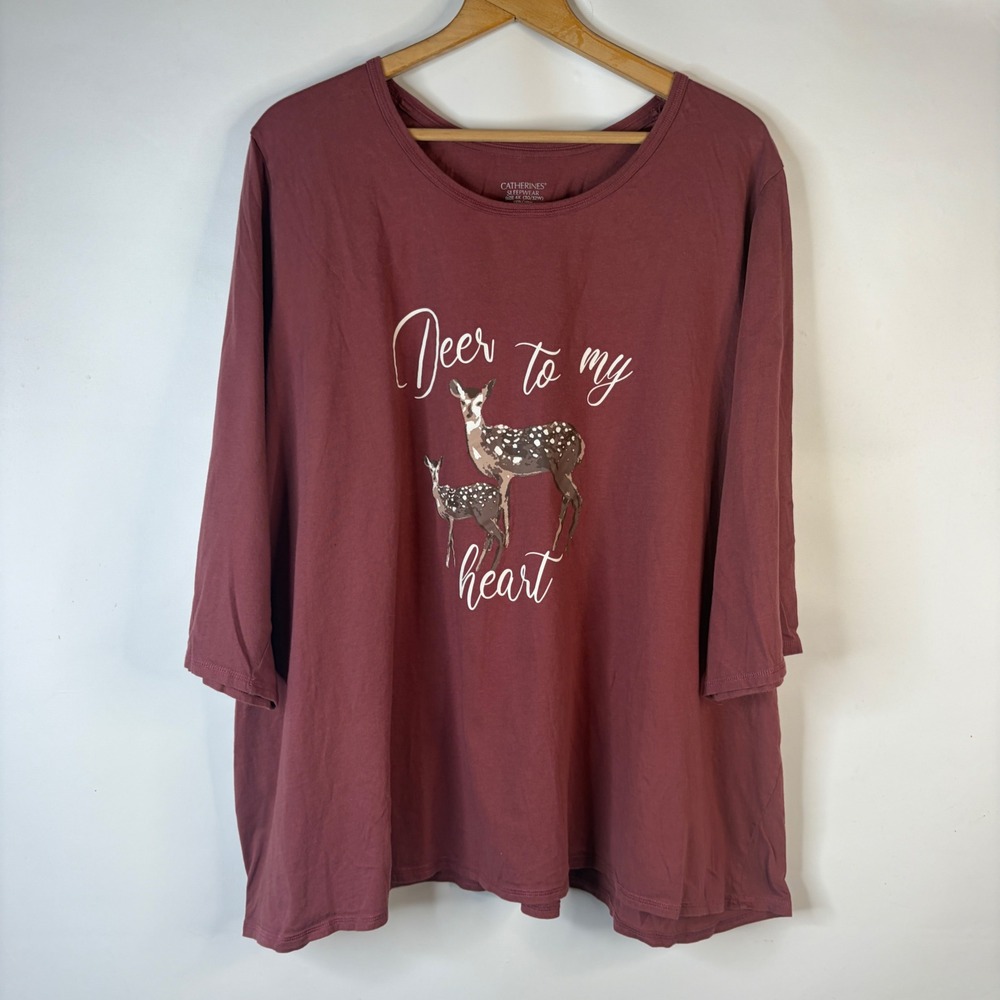 Catherines Sleepwear Top Women 4X Burgundy Deer Graphic Cotton 3/4 Sleeve